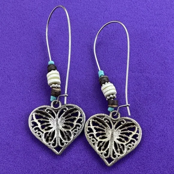 💛 Silver Butterfly Heart Earrings | Boho Whimsical Vintage Style - Picture 3 of 4